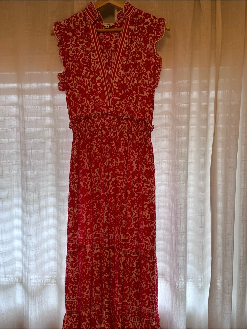 Red Floral Maxi Dress with Smocked Waist